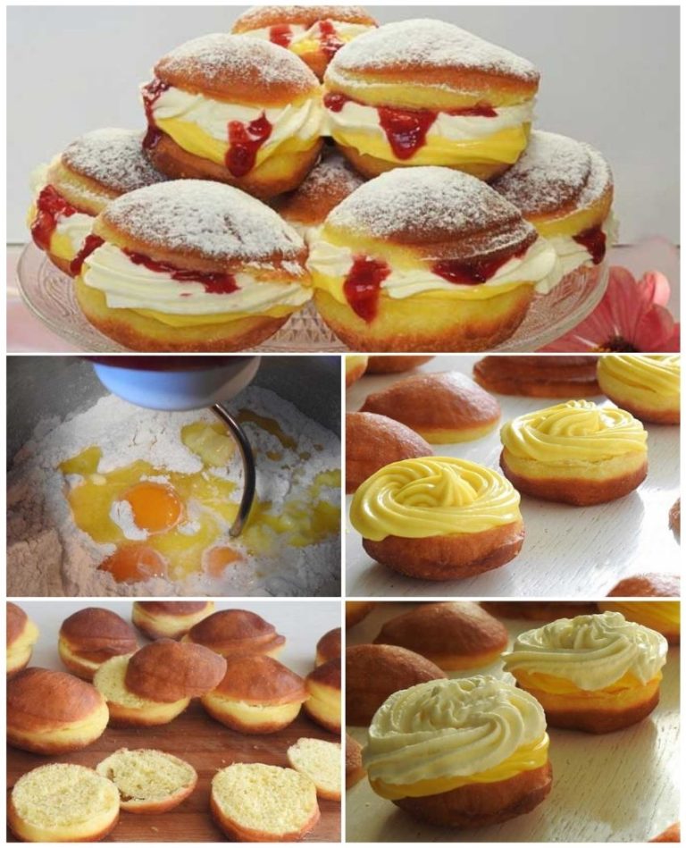 Pączki z kremem waniliowym, bitą śmietaną i konfiturą truskawkową – deser uwielbiany przez wszystkich